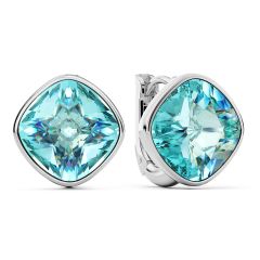 Cushion Statement Hoop Earrings Aquamarine Crystals Rhodium Plated
